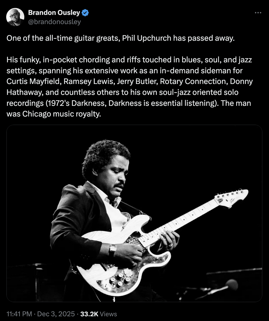 Screenshot of Brandon Ousley tribute post on X about Phil Upchurch